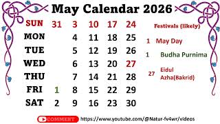 May Calendar 2026 maycalender2026 [upl. by Nueoras]