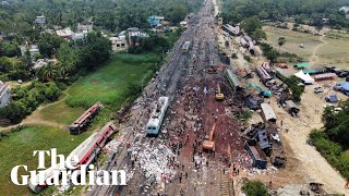 Drone footage shows deadly train crash site in India [upl. by Orren]