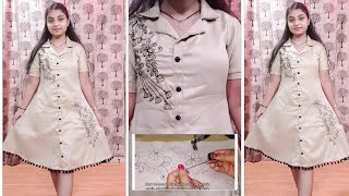 Coat Collar Front Open Dress Cutting amp StitchingNormal Machine Embroidery With Beads Workviral [upl. by Ayoj]