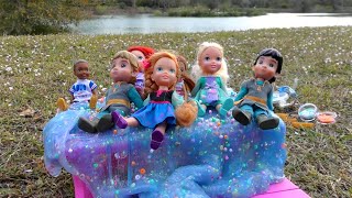 Slime Fun  Elsa amp Anna toddlers are playing outdoors  Barbie dolls  game [upl. by Ocisnarf]