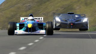 Bugatti Bolide vs F1 1997 Grand Prix Racing Cars at Highlands [upl. by Ahsiuqram]