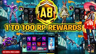 A8 ROYAL PASS 1 TO 100 RP REWARDS  ACE 8 ROYAL PASS LEAKS PUBG MOBILEBGMI  ROYAL PASS A8 REWARDS [upl. by Mcallister]