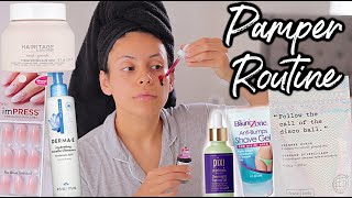 DRUGSTORE PAMPER ROUTINE FEMININE HYGIENE SKINCARE HAIRCARE  NAILS self care day [upl. by Yemac]