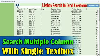 Excel Listbox  Multi Column Search in Excel Userform  School Fee Management [upl. by Neersan]