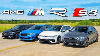 New Audi S3 v BMW M135i v AMG A35 v VW Golf R DRAG RACE [upl. by Eimmak831]