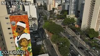 A 108foothigh mural in Sao Paulo features Philadelphia Eagles QB Jalen Hurts and Green Bay Packers [upl. by Callan466]