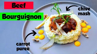 Beef Bourguignon with Chive mash and Carrot Puree  oven stovehob or slow cooker [upl. by Raynold]