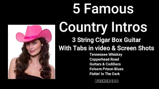 5 Famous Country Rock Intros On Homemade 3 String FRETLESS Cigar Box Guitars slide with Tabs [upl. by Larena]