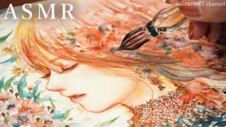 【ASMR】ガラスペンでイラストを描く音🎧暖色系インク 女の子とお花❁SOUND and DRAWING by a beautiful glass dip pen and inks [upl. by Chernow766]