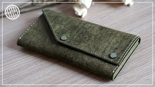 Leather Craft Two button long wallet  Making a Leather Purse [upl. by Tavi]