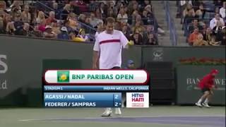 Hit for Haiti  Federer wants Agassi to Serve at 113 mph  Agassi serves 114 mph [upl. by Anaic]