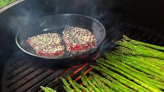 Ahi Tuna Steaks with Asparagus on the Big Green Egg [upl. by Littman95]