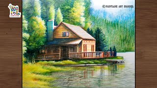 How to coloring wooden house and lake in the realistic scenery art  Very easy color pencil art [upl. by Ainirtac]