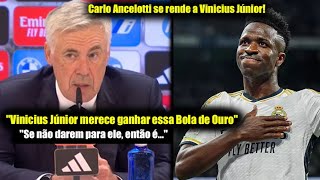 Carlo Ancelotti se rende a Vinicius Júnior quotmerece ganhar essa Bola de Ouro 2024quot [upl. by Otreblasiul]