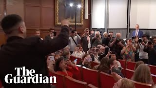 Protesters interrupt Nigel Farages first speech as MP in London [upl. by Aztinay]