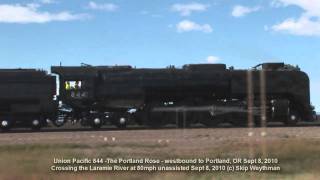 UP 844 at 80 mph quotThe Portland Rosequot Crossing the Laramie River [upl. by Noelopan]