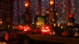 Cozy Halloween Ambience Room with Relaxing Fireplace Sounds amp Rain on window [upl. by Nitsed]