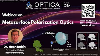 OPTICA LectureMetasurface Polarization Optics  Dr Noah Rubin [upl. by Goldfinch433]