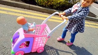 Little Girl Doing Shopping  Supermarket Toy Cart  Dolls Stroller [upl. by Lehcyar555]