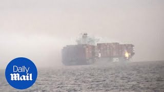 Shipping containers fall off cargo ship and catch fire in Pacific [upl. by Middendorf773]