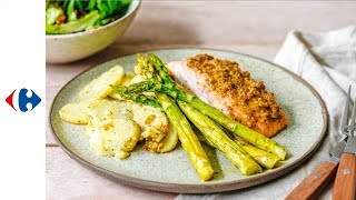 Zalm in honingmosterdkorstje met groene asperges en aardappelschijfjes [upl. by Adnamar]