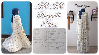 KAT KAT BÜZGÜLÜ ELBİSE DİKİMİ  KAT KAT ETEĞİN PÜF NOKTASI 🤩  LASTİKLİ KOL YAPIMI  PERVAZ DİKİMİ [upl. by Dnomhcir889]