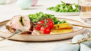 Recette–Roulade de veau au pesto de cressonpistaches pommes de terre à l’ail et asperges – Colruyt [upl. by Trilbee]