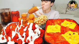 ASMR MUKBANG 체다치즈 양념 치킨먹방 치즈 떡볶이 명랑핫도그 CRISPY FRIED CHICKEN HOT DOG EATING SOUND [upl. by Kroo]