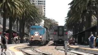 Amtrak P42DC 117 Leads Santa Fe Steam Locomotive 3751 out of San Diego 6108 [upl. by Ahsirahc]