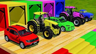 TRANSPORTING FIVE COLOR DODGE LAMBORGHINI VOLKSWAGEN CHARGER MINI RIGITRAC Farming Simulator 22 [upl. by Aliuqahs]