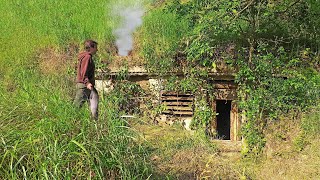 Building Abandoned Underground Bushcraft Shelter for Survival Clay Fireplace Fishing HUGE Carp [upl. by Marzi]