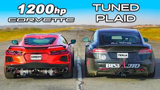 1200hp Corvette C8 v Model S Plaid DRAG RACE [upl. by Bertila247]