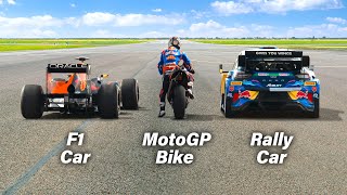 F1 Car vs MotoGP Bike vs Rally Car Ultimate Drag Race [upl. by Adachi830]