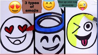 😍😇😜 3 easy Emojis step by step fFOR beginners ✨ Easy to draw emotion faces emoji art drawing [upl. by Robena]