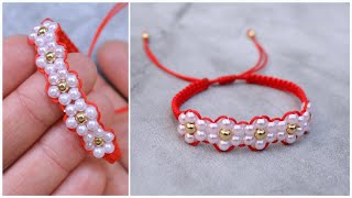 ❀PULSERA de FLORES con hilo y perlas ❀ Tutorial paso a paso [upl. by Aro]