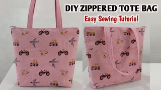 DIY Zippered Tote Bag with Pockets  Cloth bag easy sewing tutorial  Tote bag making at home [upl. by Roos]