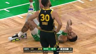 Jayson Tatum amp Derrick White shaken up after colliding with Steph Curry  NBA on ESPN [upl. by Llertnad]