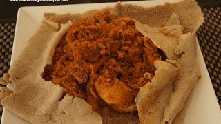 Ethiopian Food  Sega Firfir recipe Amharic English Injera lamb meat berbere [upl. by Suissac]