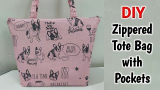 DIY PERFECT ZIPPERED TOTE BAG WITH POCKETS  Shopping bag with lining  Cloth Bag Sewing Tutorial [upl. by Atolrac]