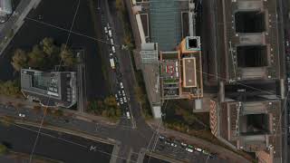 AERIAL Birds View of Skyscraper rooftop in big city with car traffic in Autumn Haze [upl. by Monroe628]