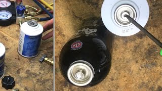 understanding OLD vs NEW refrigerant cans r134a self sealing style puncture style tap [upl. by Windy]