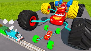 Big amp Small Long Bus Lightning McQueen vs Thomas Trains  BeamNGdrive [upl. by Enerod]