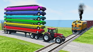 Double Flatbed Trailer Truck vs Speedbumps Train vs Cars  Tractor vs Train BeamngDrive 050 [upl. by Arno272]