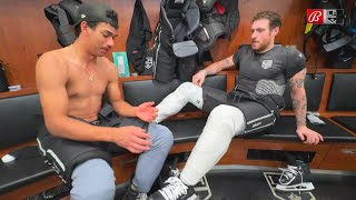 Quinton Byfield helps PierreLuc Dubois with his skate laces [upl. by Dane]