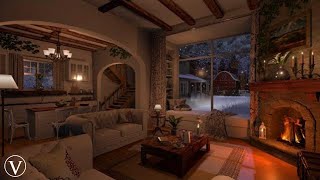 Cozy Winter Farmhouse Interior  Night Ambience  Log Fireplace Wind Snow amp Blizzard Sounds [upl. by Michaele]