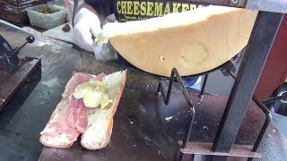 New York Street Food Yummy Swiss Raclette Ham Hot Dog Sausage with Soft Warm Cheese [upl. by Ahseral]