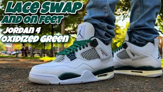 Lace SwapOn Feet  Jordan 4 Oxidized Green 3 laces colors [upl. by Albemarle]