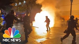 Watch Molotov Cocktails Are Thrown At Police Officers In Portland Protests  NBC News NOW [upl. by Ojybbob944]