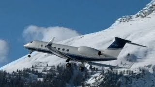 Gulfstream G550 awesome valley landing amp takeoff at Samedan Airport [upl. by Kohn]