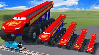 Big amp Small Tall amp Long Lightning Mcqueen with Monster Truck Wheels vs Thomas Trains  BeamNGDrive [upl. by Capriola]